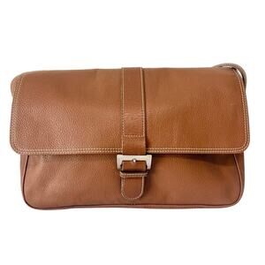 Longchamp Brown Pebbled Leather Flap Messenger Shoulder Bag Made in France